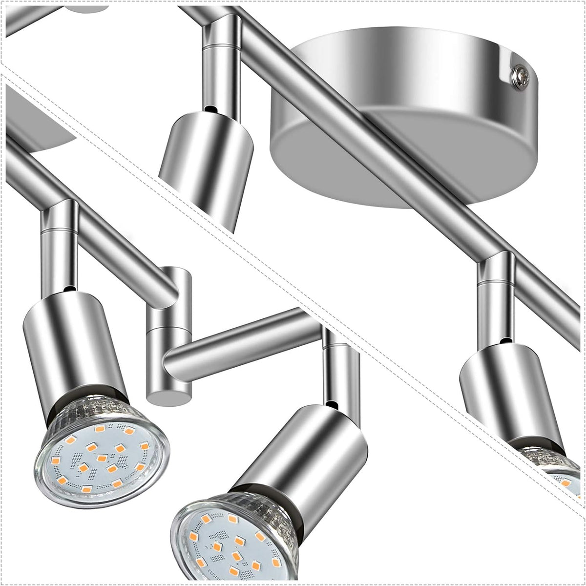 Defurhome LED Deckenleuchte Drehbar, 6 Flammig LED Strahler Deckenlampe Spot,Modern Deckenstrahler (Weißes Chrom) für Küche, Wohnzimmer, Schlafzimmer, inkl. 6 x 4W GU10 LED Lampen (400LM, warmweiß) [Energieklasse E]