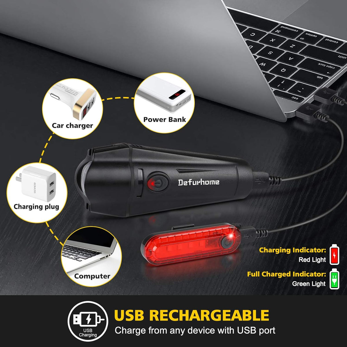 Defurhome Super Bright Bike Light Set, Powerful LED USB Rechargeable Front Headlight and Back Taillight, 2000mah Lithium Battery, Waterproof, 4 Lighting Modes Mountain Road Bicycle Lights