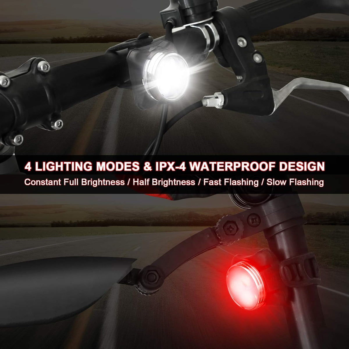 Defurhome Bike Light Set, Super Bright USB Rechargeable Bicycle Lights, 4 Brightness Modes Options Cycling Front Light & Rear Light, Waterproof Mountain Road Bike Lights(2 Cables, 4 Straps)