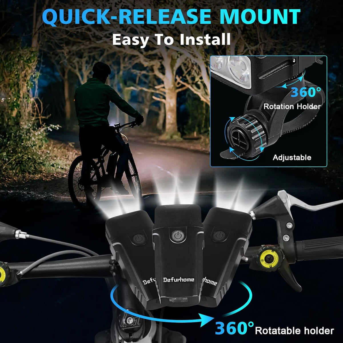 Defurhome 5000mAh Bike Lights Set, Super Bright Powerful LED USB Type C Rechargeable Front Headlight and Back Taillight,4 Modes, Waterproof for Road Mountain Night Riding