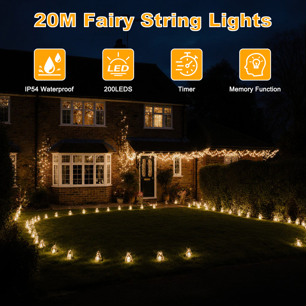 Defurhome Fairy Lights Indoor with Timer,20m 200 LED 8 Mode Christmas Lights, IP54 Waterproof Electric String Lights for Party Christmas Tree Decorations, Warm White