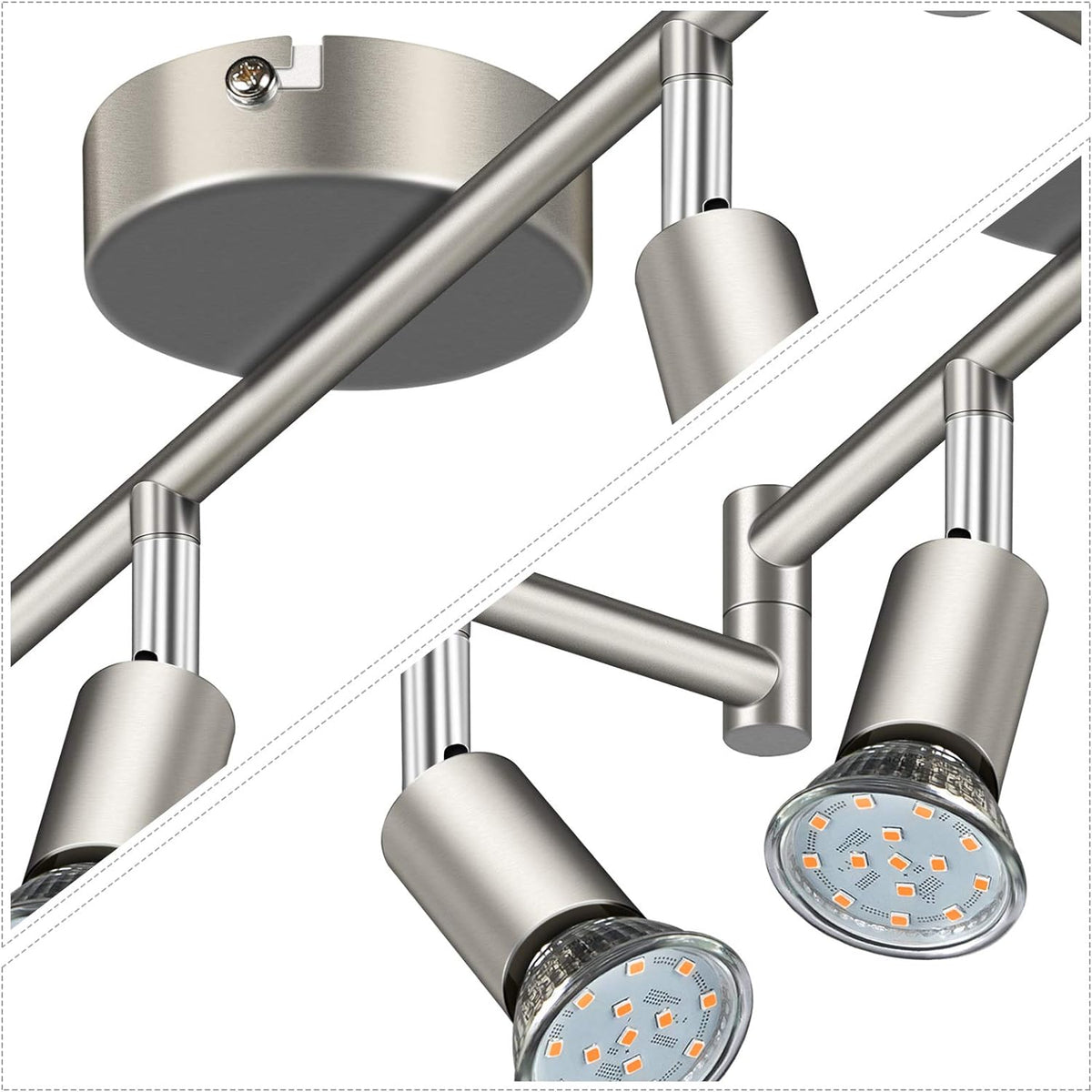 Defurhome LED Deckenleuchte Drehbar, 6 Flammig LED Strahler Deckenlampe Spot,Modern Deckenstrahler (Mattes Nickel), inkl. 6 x 4 W GU10 LED Lampen (400LM, warmweiß) [Energieklasse E]