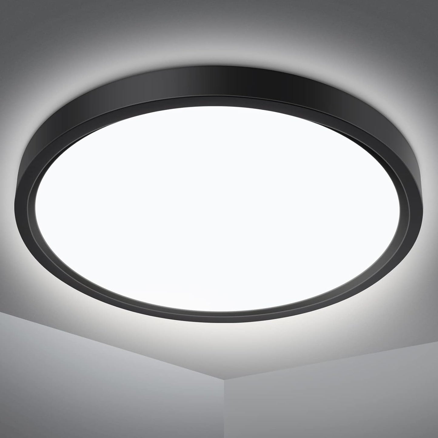 Defurhome Bathroom Ceiling Light,24W 2200LM,150W Equivalent, 5000K Daylight White,Waterproof IP54,Dome Modern Flush Ceiling Light for,Kitchen,Porch,Bulkhead,Bedroom,Utility Room, Ø30CM(Black) [Energy Class F]