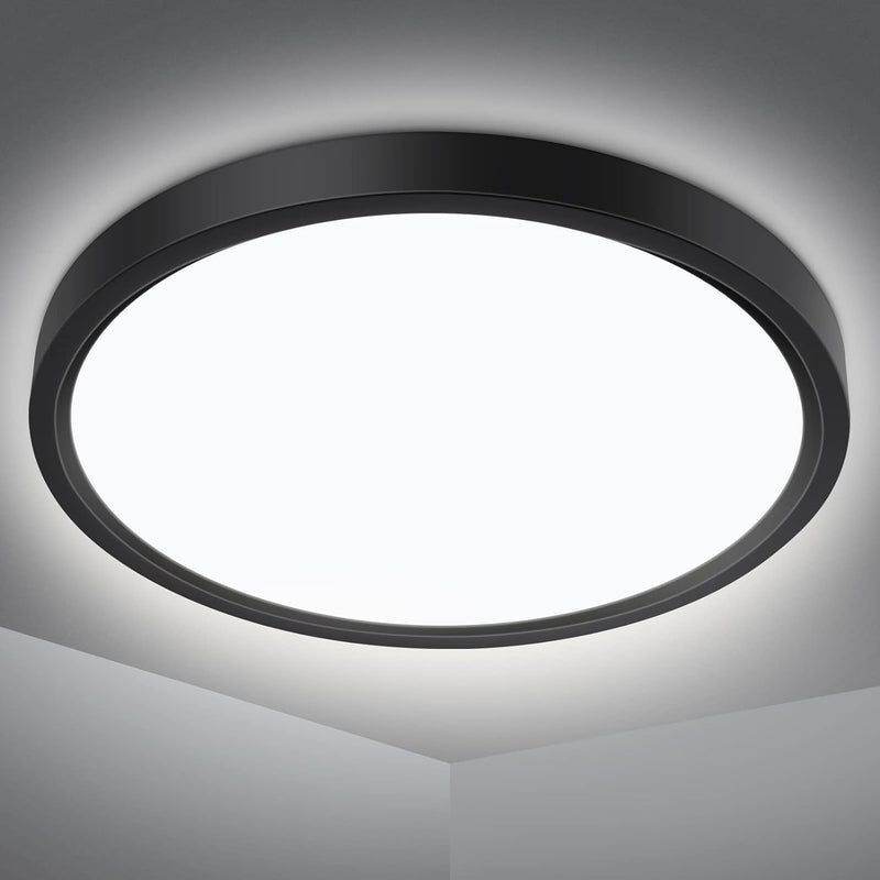 Defurhome Bathroom Ceiling Light,24W 2200LM,150W Equivalent, 5000K Daylight White,Waterproof IP54,Dome Modern Flush Ceiling Light for,Kitchen,Porch,Bulkhead,Bedroom,Utility Room, Ø30CM(Black) [Energy Class F]