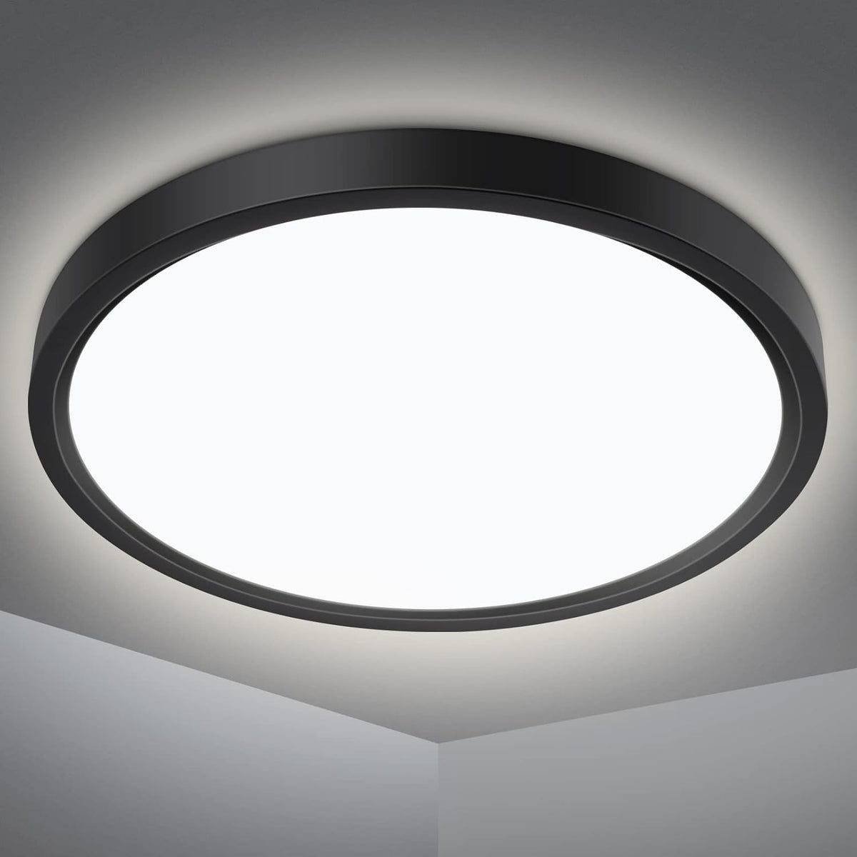 Defurhome LED Ceiling Light,18W 1500LM,100W Equivalent, 4000K Natural White,Waterproof IP54,Dome Modern Flush Ceiling Light for Bathroom,Kitchen,Office,Bulkhead,Bedroom,Utility Room, Ø22CM(Black) [Energy Class F]