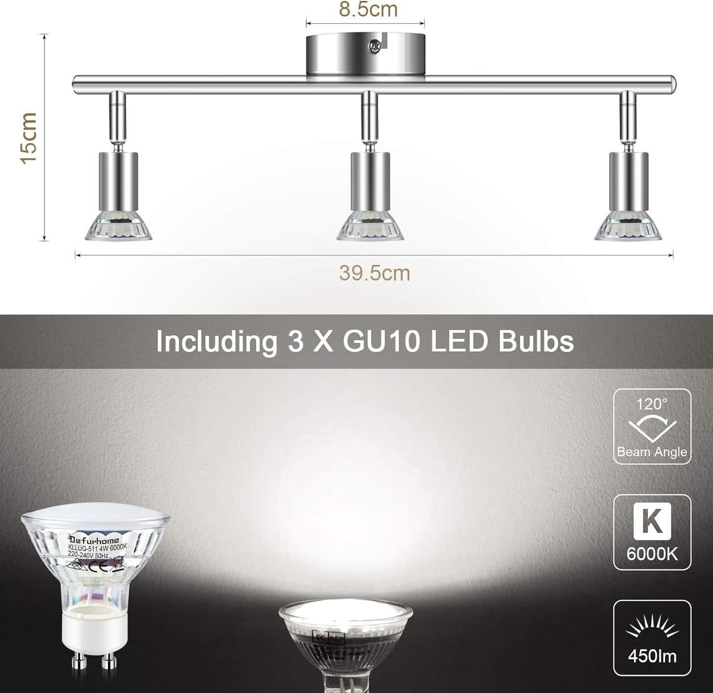 Defurhome LED Ceiling Light Rotatable, 3 Way Adjustable Modern Ceiling Spotlights(White Chrome) for Kitchen, Living Room, Bedroom, Including 3 x 4 W GU10 Led Bulbs(450LM, Cool White) [Energy Class E]