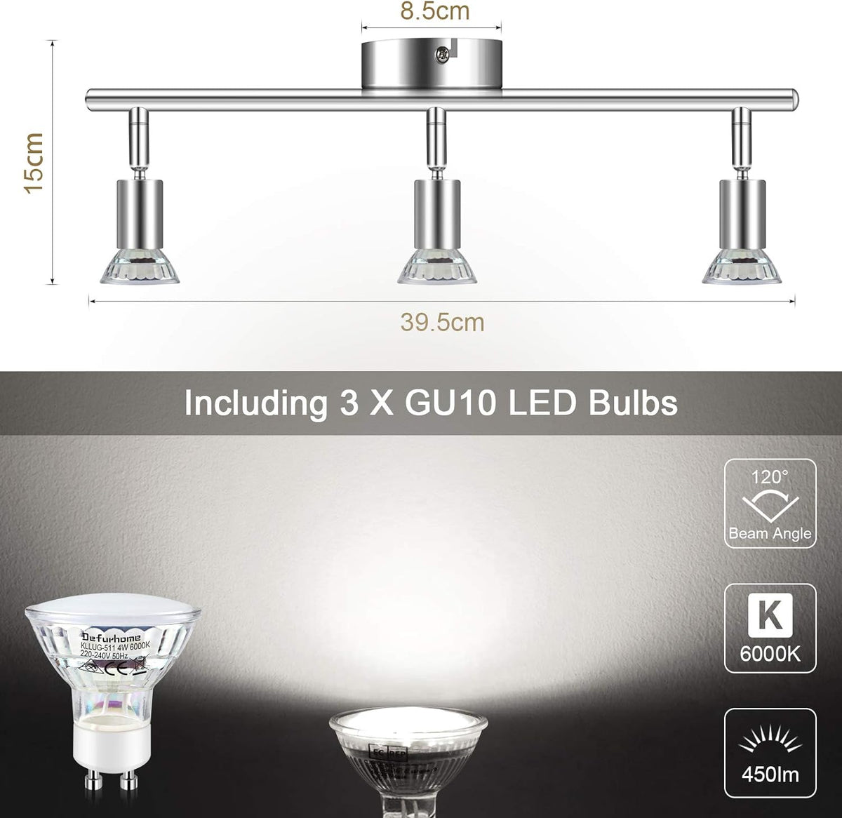 Defurhome LED Ceiling Light Rotatable, 3 Way Adjustable Modern Ceiling Spotlights(White Chrome) for Kitchen, Living Room, Bedroom, Including 3 x 4 W GU10 Led Bulbs(450LM, Cool White) [Energy Class E]