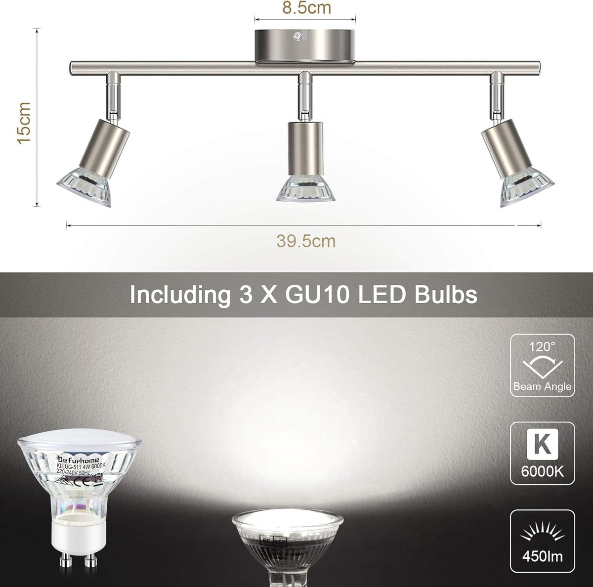 Defurhome LED Ceiling Light Rotatable, 3 Way Adjustable Modern Ceiling Spotlights(Matte Nickel) for Kitchen, Living Room, Bedroom, Including 3 x 4 W GU10 Led Bulbs(450LM, Cool White) [Energy Class E]