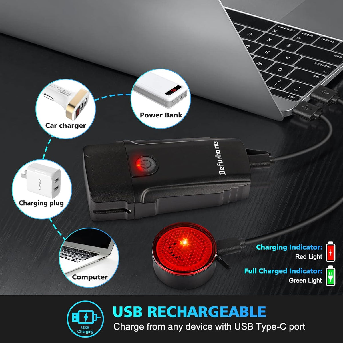 Defurhome 5000mAh Bike Lights Set, Super Bright Powerful LED USB Type C Rechargeable Front Headlight and Back Taillight,4 Modes, Waterproof for Road Mountain Night Riding