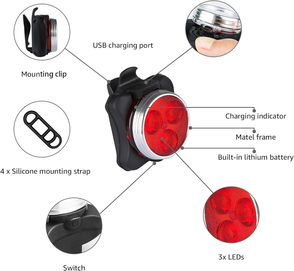 Defurhome Bike Light Set, Super Bright USB Rechargeable Bicycle Lights, 4 Brightness Modes Options Cycling Front Light & Rear Light, Waterproof Mountain Road Bike Lights(2 Cables, 4 Straps)