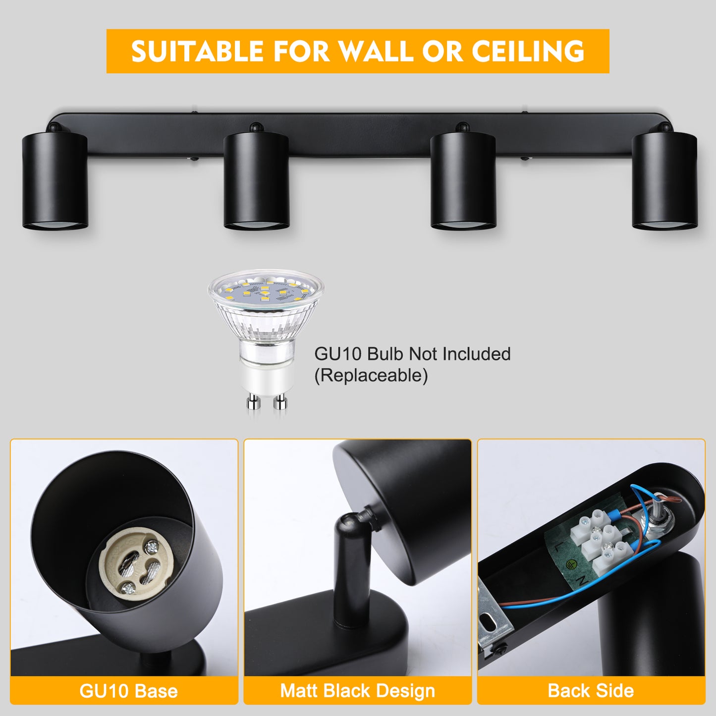 Defurhome 4 Way Spotlight Ceiling Lights, Modern Kitchen Ceiling Lamps Fittings Black, Industrial Ceiling Spots Wall Lights, Adjustable GU10 Spotlights for Bedroom Living Room,Bulbs Not Included