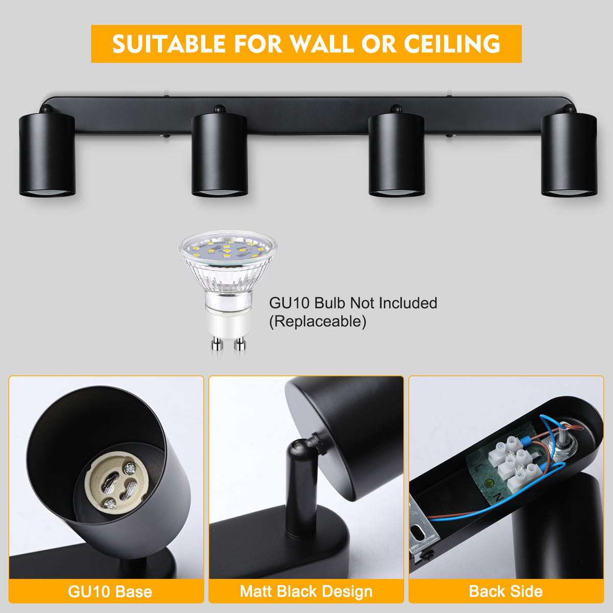 Defurhome 4 Way Spotlight Ceiling Lights, Modern Kitchen Ceiling Lamps Fittings Black, Industrial Ceiling Spots Wall Lights, Adjustable GU10 Spotlights for Bedroom Living Room,Bulbs Not Included