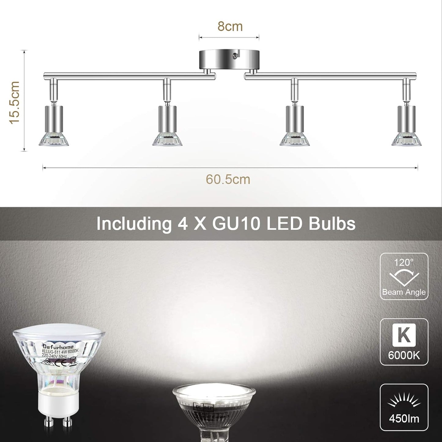 Defurhome LED Ceiling Light Rotatable, 4 Way Adjustable Modern Ceiling Spotlights(White Chrome) for Kitchen, Living Room, Bedroom, Including 4 x 4 W GU10 Led Bulbs(450LM, Cool White) [Energy Class E]