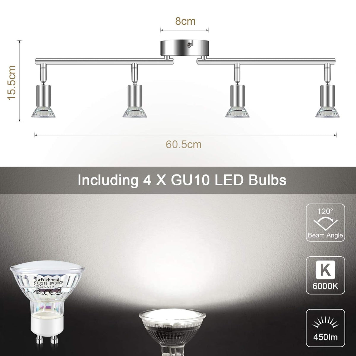 Defurhome LED Ceiling Light Rotatable, 4 Way Adjustable Modern Ceiling Spotlights(White Chrome) for Kitchen, Living Room, Bedroom, Including 4 x 4 W GU10 Led Bulbs(450LM, Cool White) [Energy Class E]