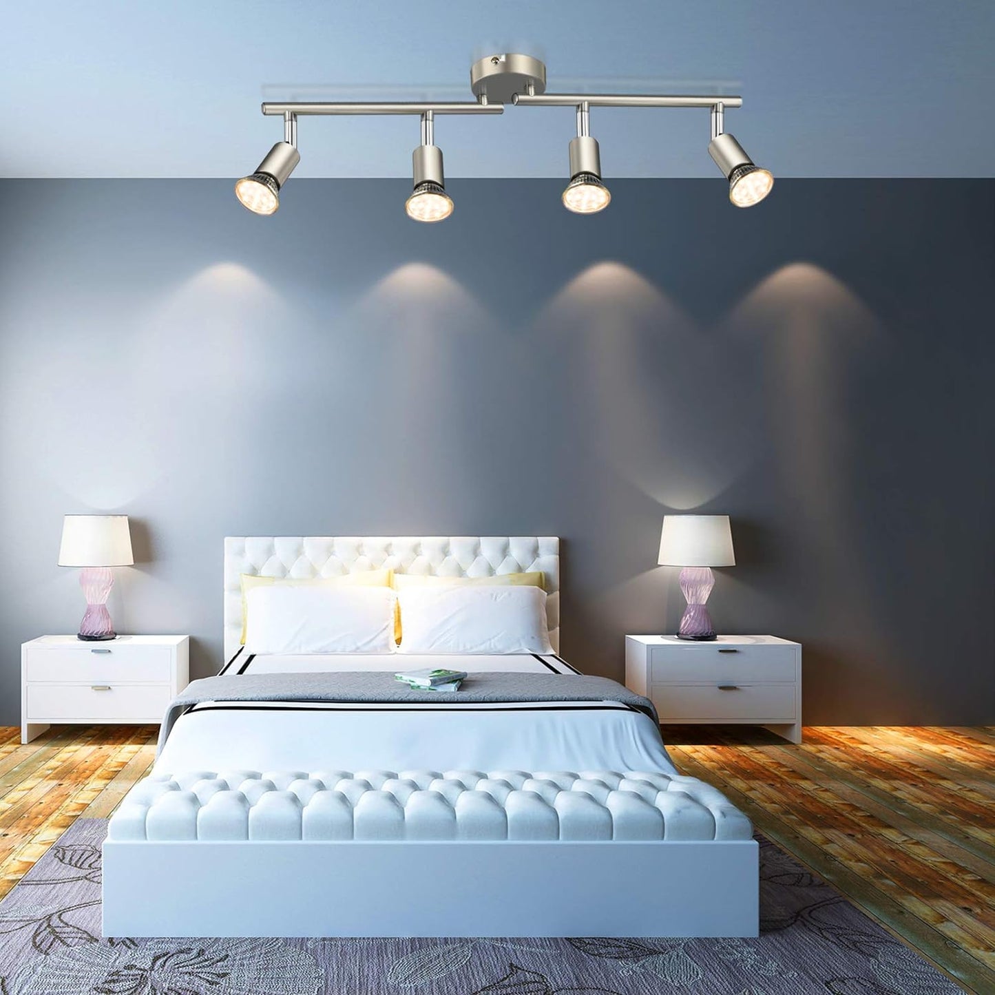 Defurhome LED Deckenleuchte Drehbar, 4 Flammig LED Strahler Deckenlampe Spot,Modern Deckenstrahler (Mattes Nickel) für Küche, Wohnzimmer, Schlafzimmer, inkl. 4 x 4W GU10 LED Lampen (400LM, warmweiß) [Energieklasse E]