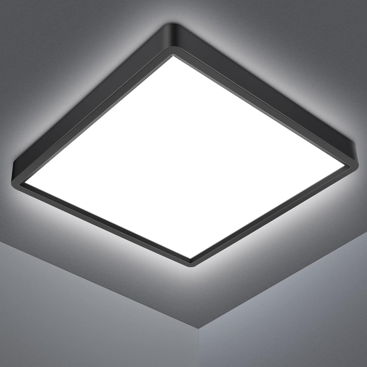 Defurhome LED Ceiling Light,24W 2200LM,150W Equivalent,5000K Daylight White,Waterproof IP54,Flush Square Modern Ceiling Light for Bathroom,Bedroom,Kitchen,Porch,Living Room,30cm(Black) [Energy Class F]