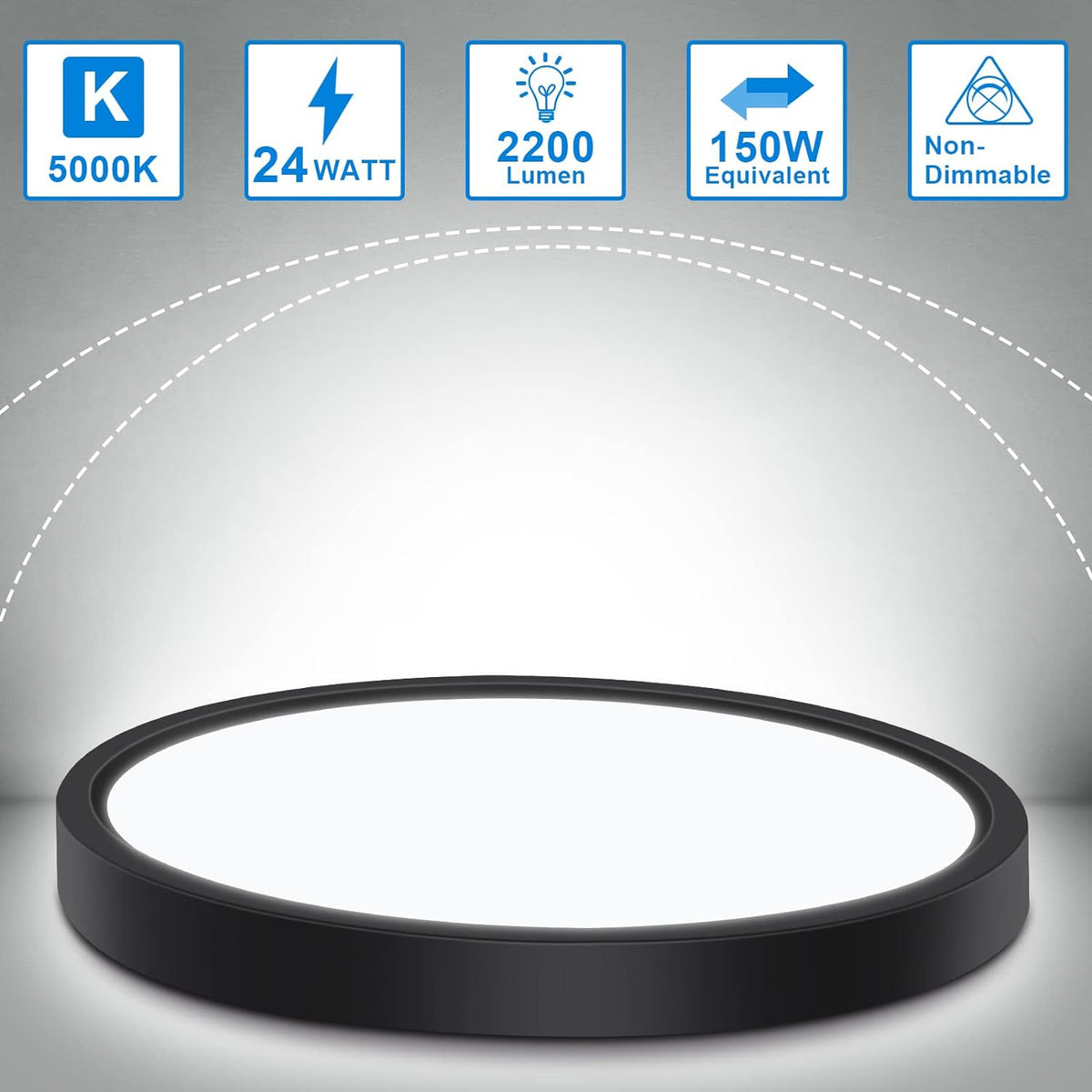 Defurhome Bathroom Ceiling Light,24W 2200LM,150W Equivalent, 5000K Daylight White,Waterproof IP54,Dome Modern Flush Ceiling Light for,Kitchen,Porch,Bulkhead,Bedroom,Utility Room, Ø30CM(Black) [Energy Class F]