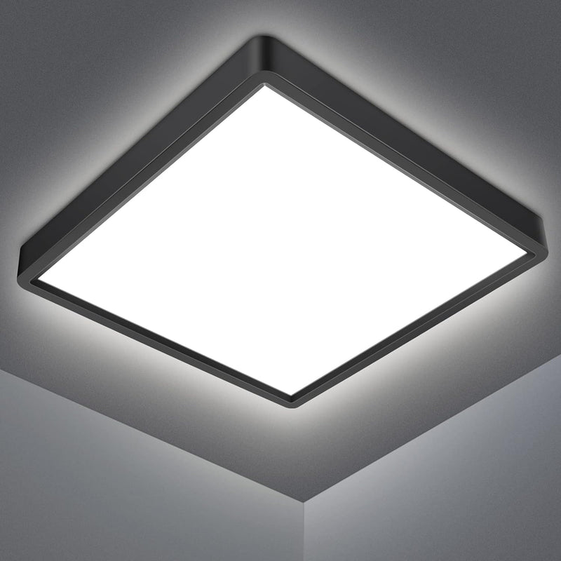 Defurhome LED Ceiling Light,18W 1500LM,100W Equivalent,Waterproof IP54,4000K Natural White, Modern Square Flush Mounted Lighting Fixture for Bathroom,Kitchen,Office,Hallway,Bedroom,22cm(Black) [Energy Class F]