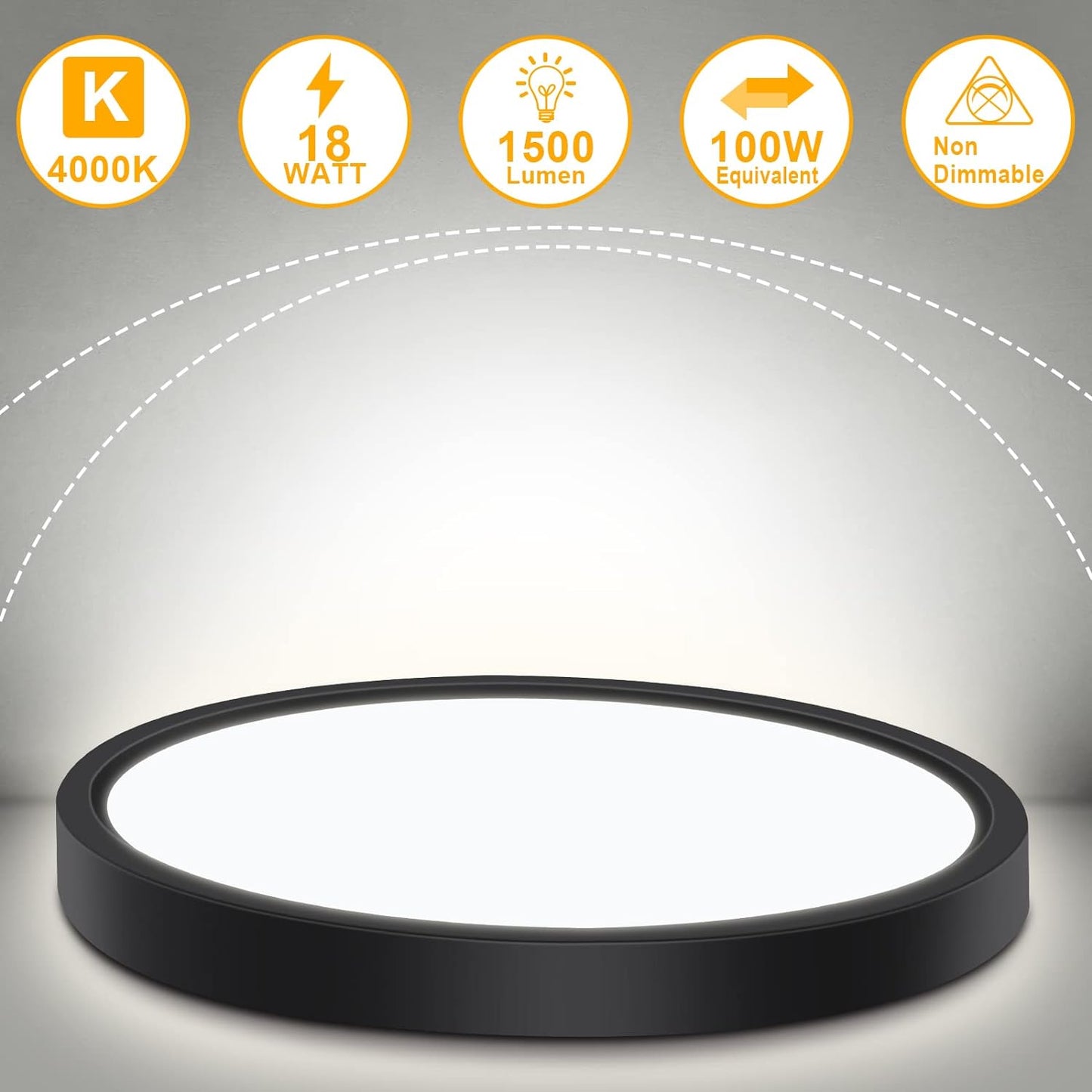 Defurhome LED Ceiling Light,18W 1500LM,100W Equivalent, 4000K Natural White,Waterproof IP54,Dome Modern Flush Ceiling Light for Bathroom,Kitchen,Office,Bulkhead,Bedroom,Utility Room, Ø22CM(Black) [Energy Class F]