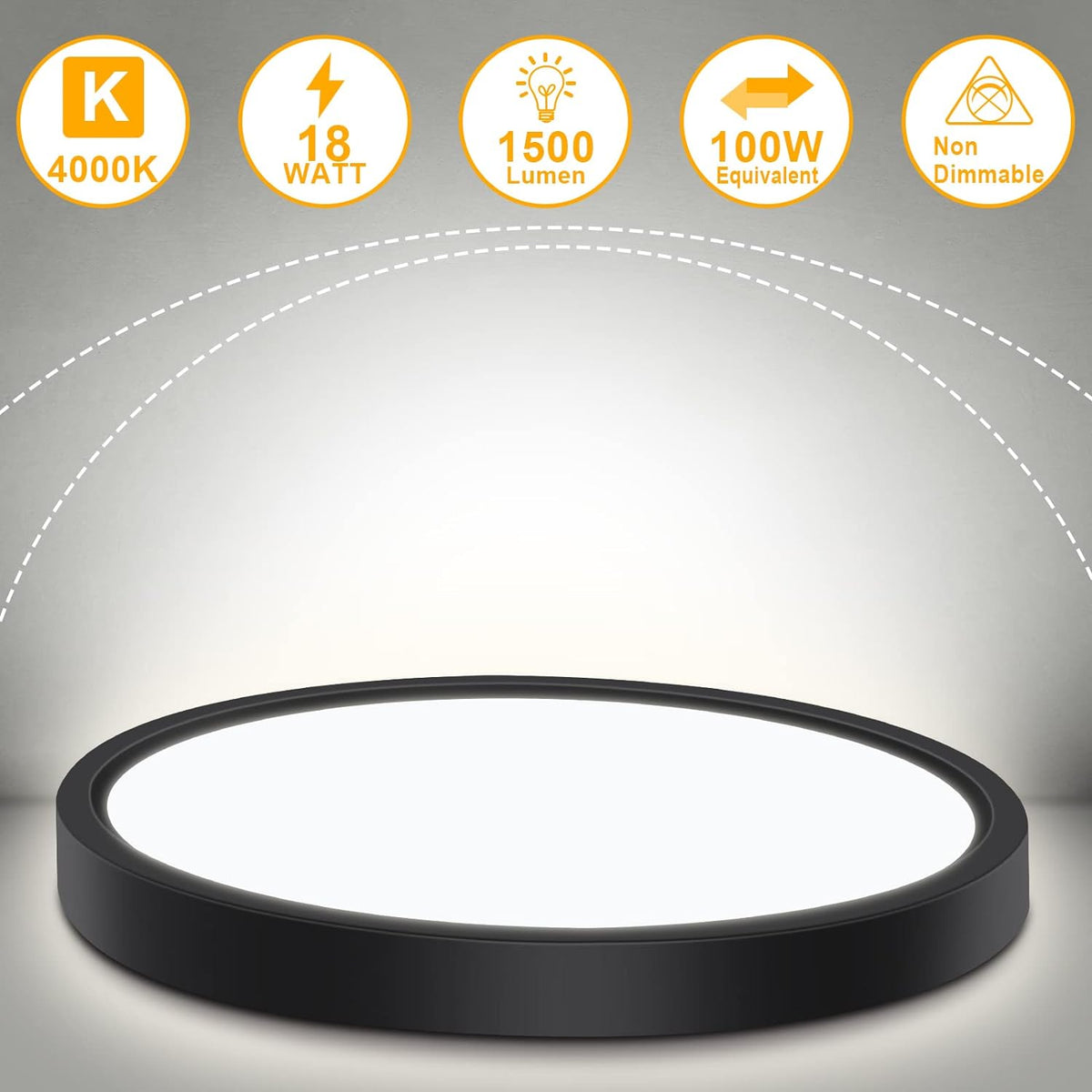 Defurhome LED Ceiling Light,18W 1500LM,100W Equivalent, 4000K Natural White,Waterproof IP54,Dome Modern Flush Ceiling Light for Bathroom,Kitchen,Office,Bulkhead,Bedroom,Utility Room, Ø22CM(Black) [Energy Class F]