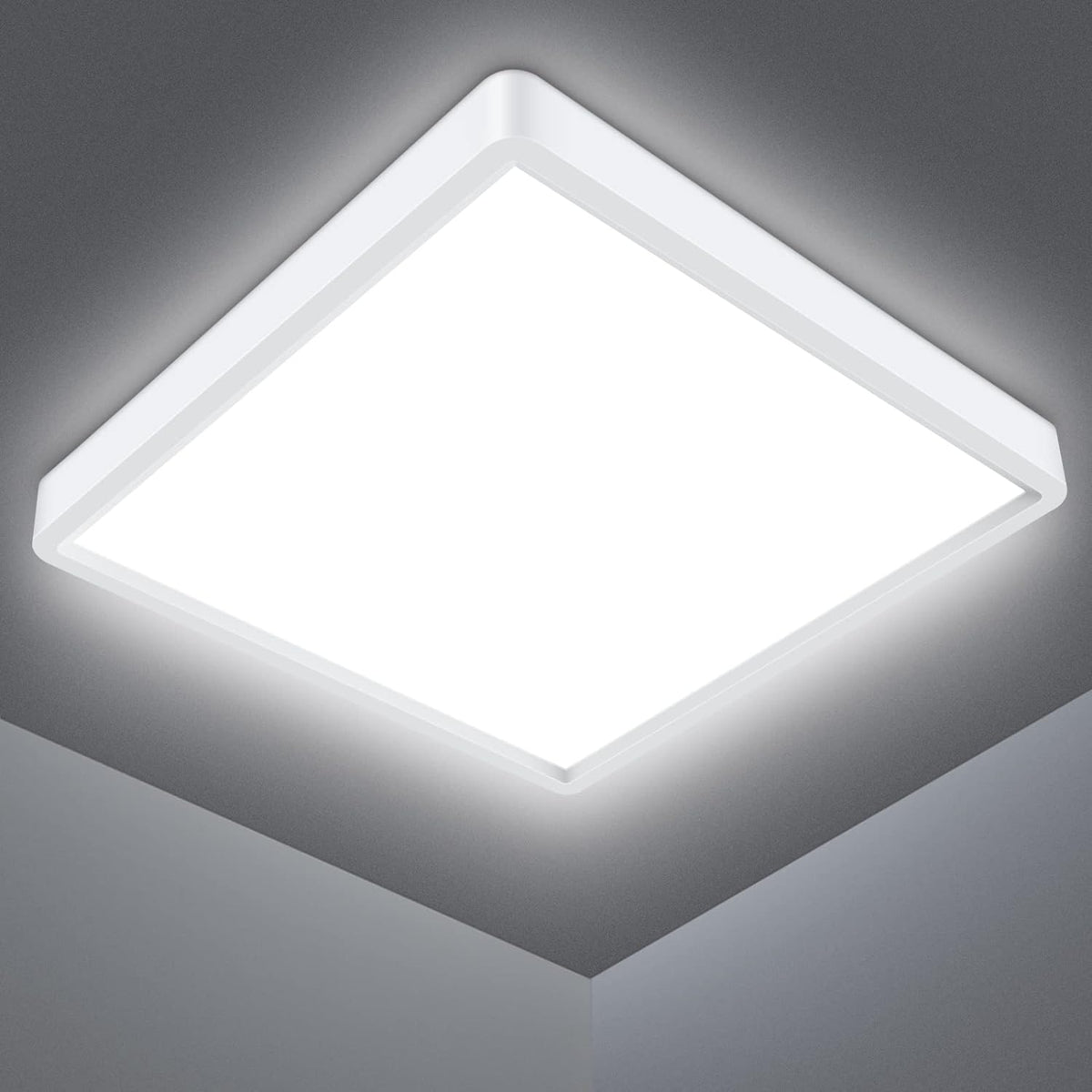 Defurhome LED Ceiling Light, 18W 1500LM,100W Equivalent,5000K Daylight White,Waterproof IP54, Flush Mount, Square,Ideal for Bathroom,Kitchen,Office,Toilet,Porch, Bedroom,Utility Room,22cm(White) [Energy Class F]