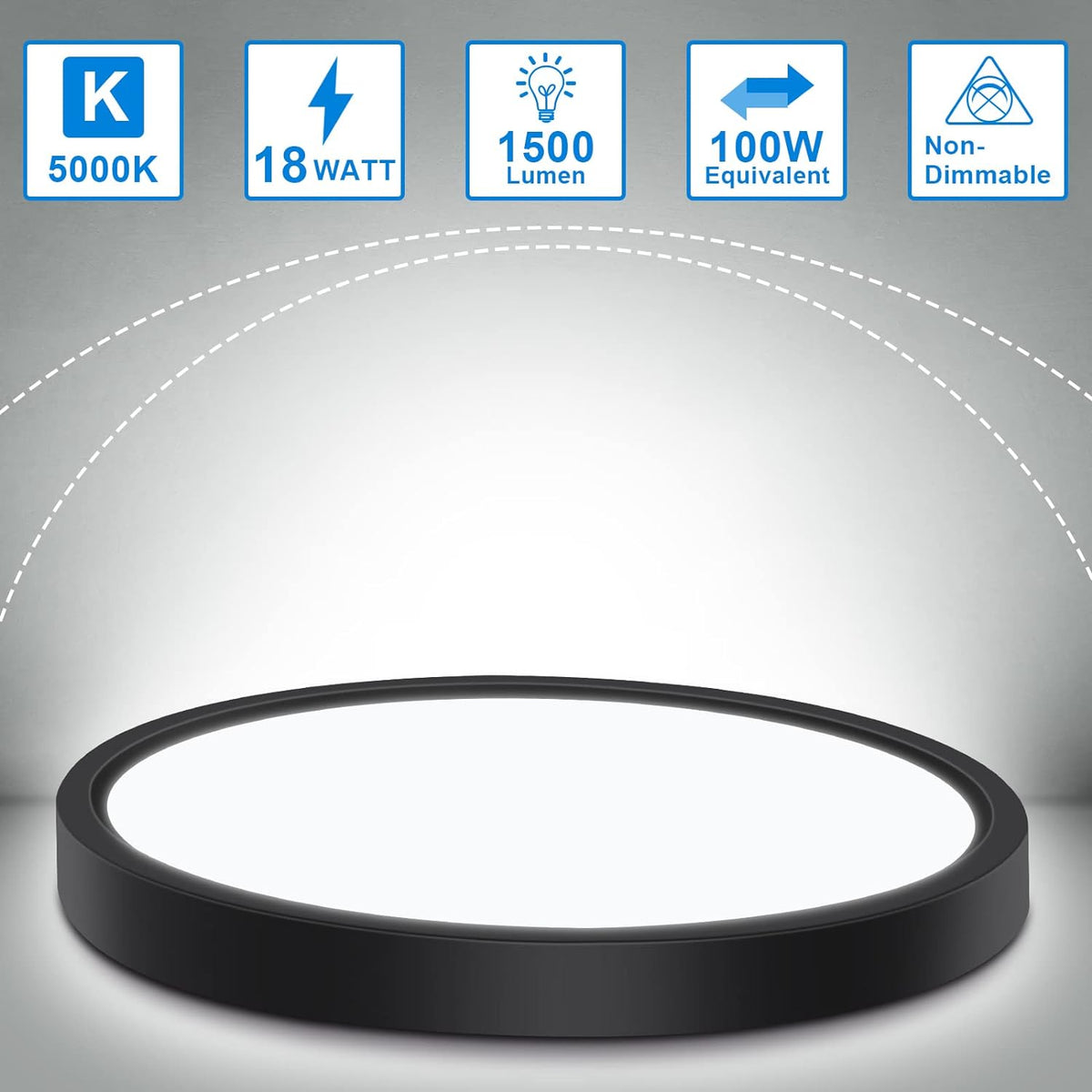 Defurhome Bathroom Ceiling Light,18W 1500LM,100W Equivalent,5000K Daylight White,Waterproof IP54,Dome,Modern, Flush Ceiling Light for Kitchen,Bulkhead,Toilet,Porch,Bedroom,Utility Room,Ø22CM(Black) [Energy Class F]