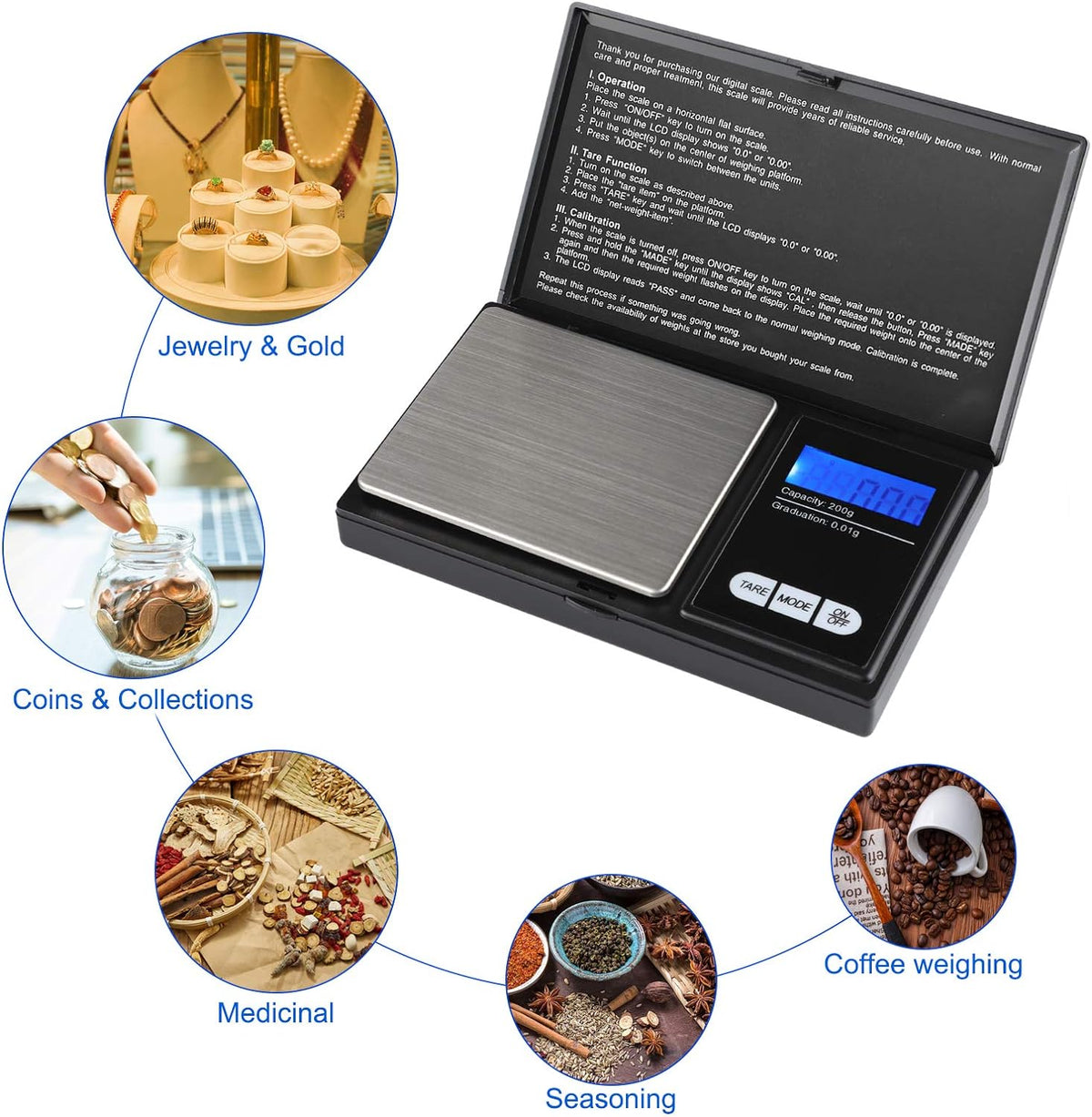 Defurhome 200x0.01g Portable Digital Scales, Digital Weighing Scales with Back-lit LCD Display, Pocket Scales for Gold, Jewellery, Food, Coffee, Herbs, Powder (Batteries Included)