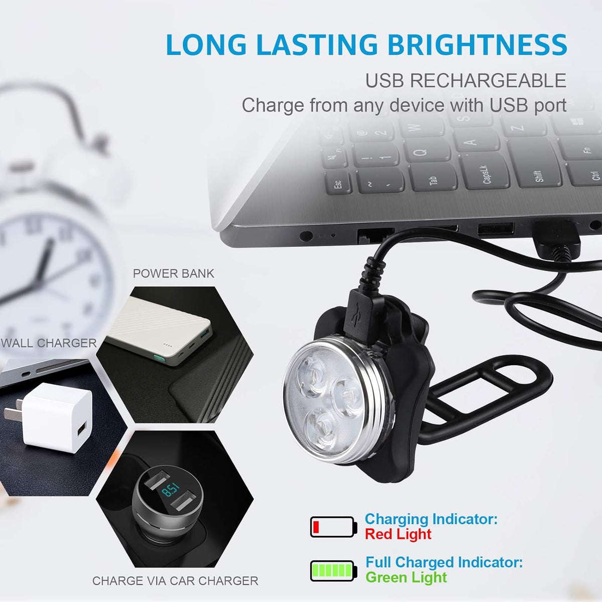Defurhome Bike Light Set, Super Bright USB Rechargeable Bicycle Lights, 4 Brightness Modes Options Cycling Front Light & Rear Light, Waterproof Mountain Road Bike Lights(2 Cables, 4 Straps)