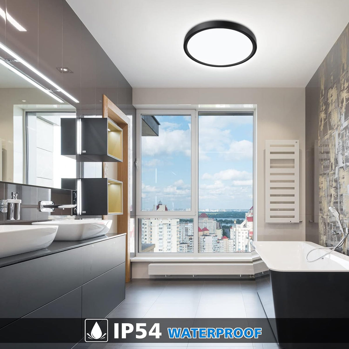 Defurhome Bathroom Ceiling Light,24W 2200LM,150W Equivalent, 5000K Daylight White,Waterproof IP54,Dome Modern Flush Ceiling Light for,Kitchen,Porch,Bulkhead,Bedroom,Utility Room, Ø30CM(Black) [Energy Class F]