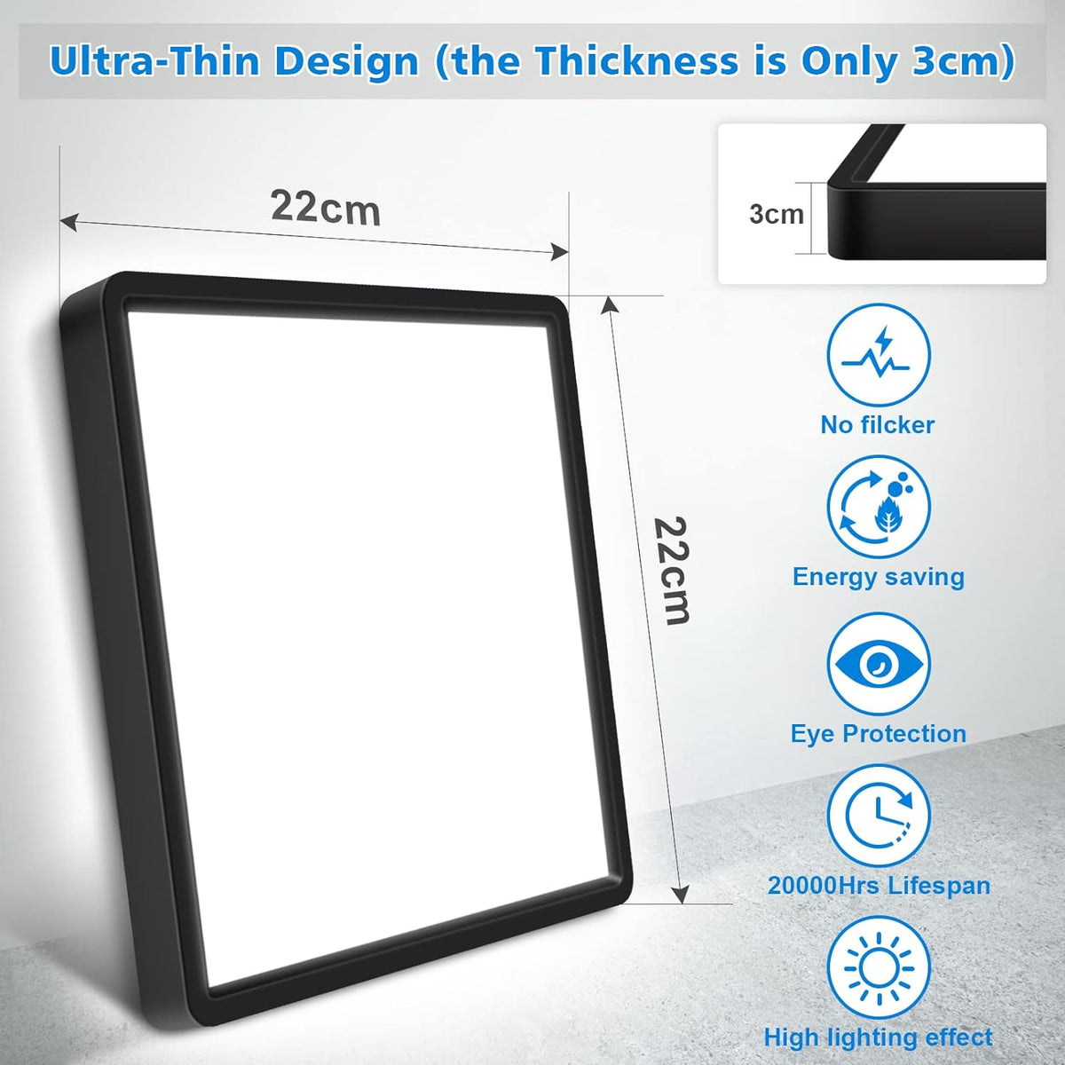 Defurhome LED Ceiling Light,18W 1500LM,100W Equivalent,5000K Daylight White,Waterproof IP54,Flush Mount, Square Modern Ceiling Light for Bathroom,Kitchen,Office,Hallway,Bedroom,22cm(Black) [Energy Class F]