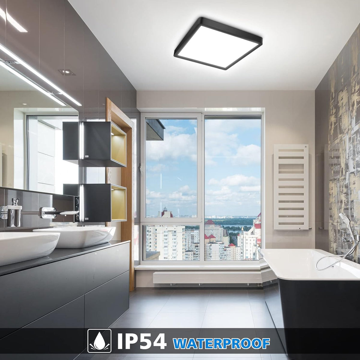 Defurhome LED Ceiling Light,24W 2200LM,150W Equivalent,5000K Daylight White,Waterproof IP54,Flush Square Modern Ceiling Light for Bathroom,Bedroom,Kitchen,Porch,Living Room,30cm(Black) [Energy Class F]
