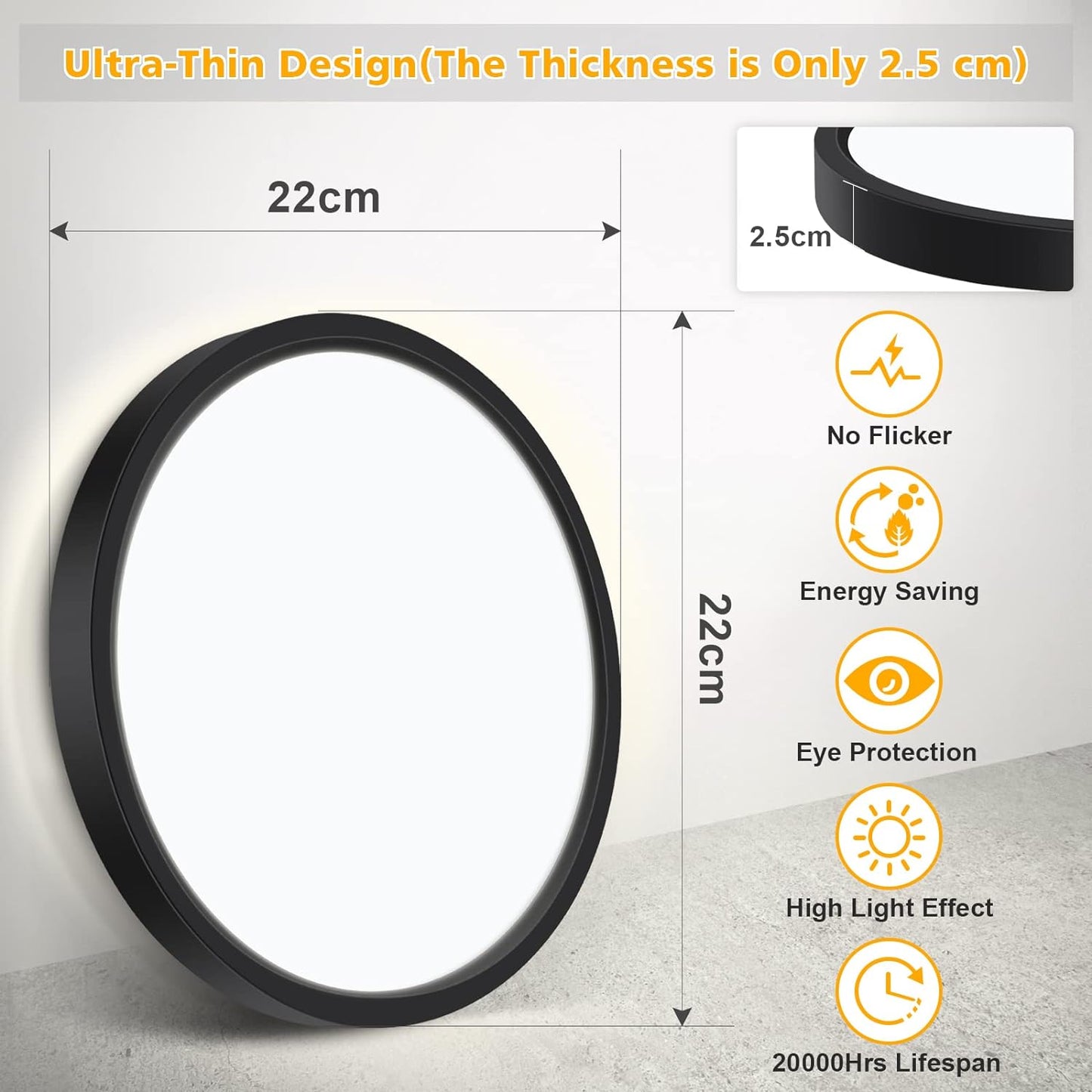 Defurhome LED Ceiling Light,18W 1500LM,100W Equivalent, 4000K Natural White,Waterproof IP54,Dome Modern Flush Ceiling Light for Bathroom,Kitchen,Office,Bulkhead,Bedroom,Utility Room, Ø22CM(Black) [Energy Class F]