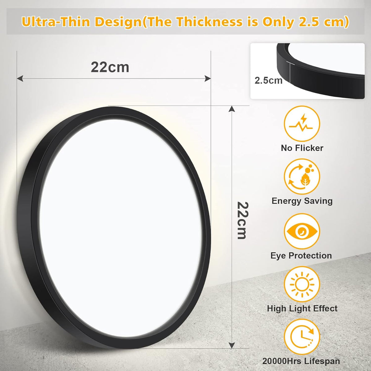 Defurhome LED Ceiling Light,18W 1500LM,100W Equivalent, 4000K Natural White,Waterproof IP54,Dome Modern Flush Ceiling Light for Bathroom,Kitchen,Office,Bulkhead,Bedroom,Utility Room, Ø22CM(Black) [Energy Class F]