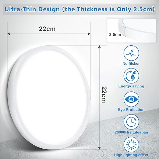 Defurhome Bathroom Ceiling Light,18W 1500LM,100W Equivalent,5000K Daylight White, Waterproof IP54,Dome,Modern,Flush Ceiling Light for Kitchen,Toilet,Porch,Bedroom,Utility Room,Ø22CM(White) [Energy Class F]