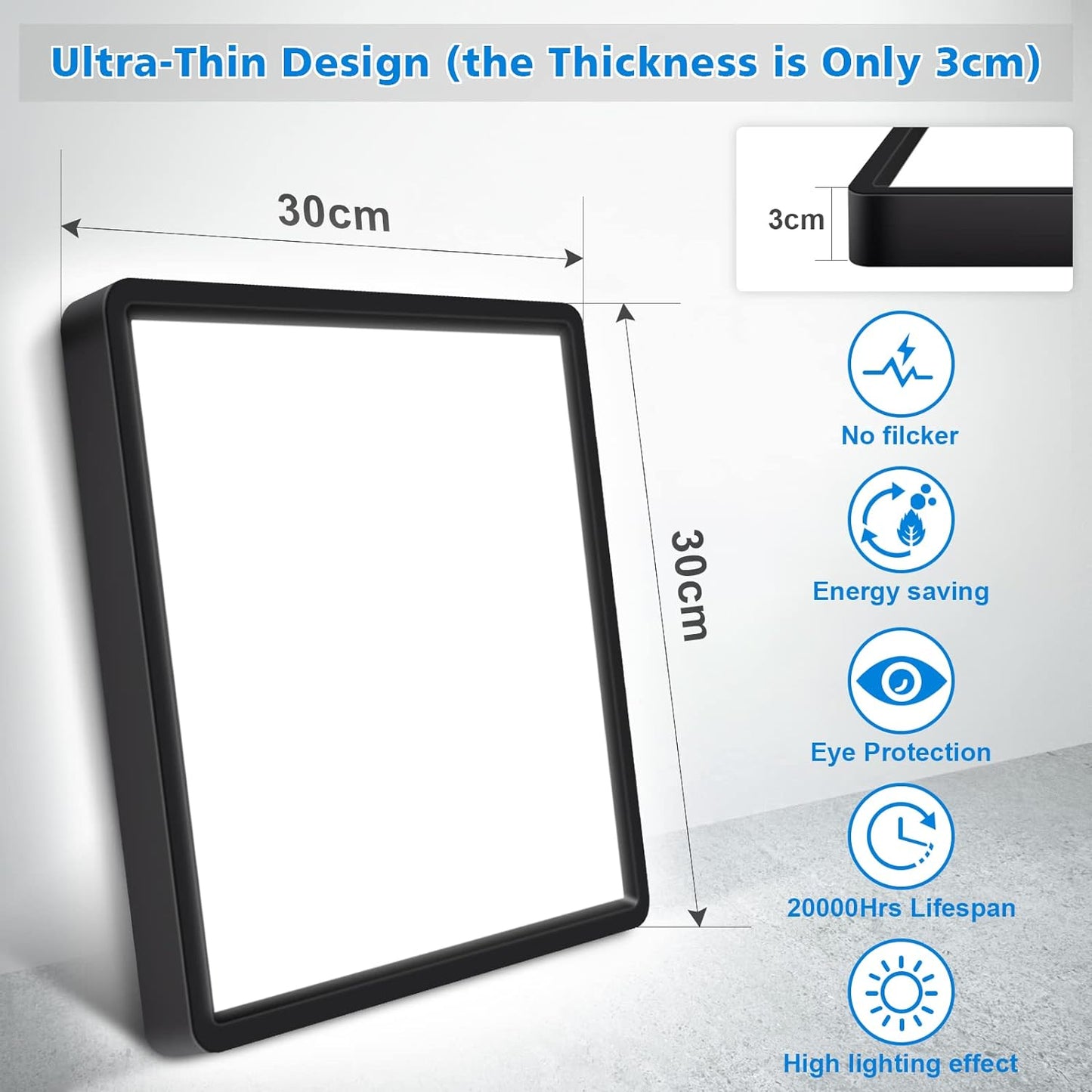 Defurhome LED Ceiling Light,24W 2200LM,150W Equivalent,5000K Daylight White,Waterproof IP54,Flush Square Modern Ceiling Light for Bathroom,Bedroom,Kitchen,Porch,Living Room,30cm(Black) [Energy Class F]
