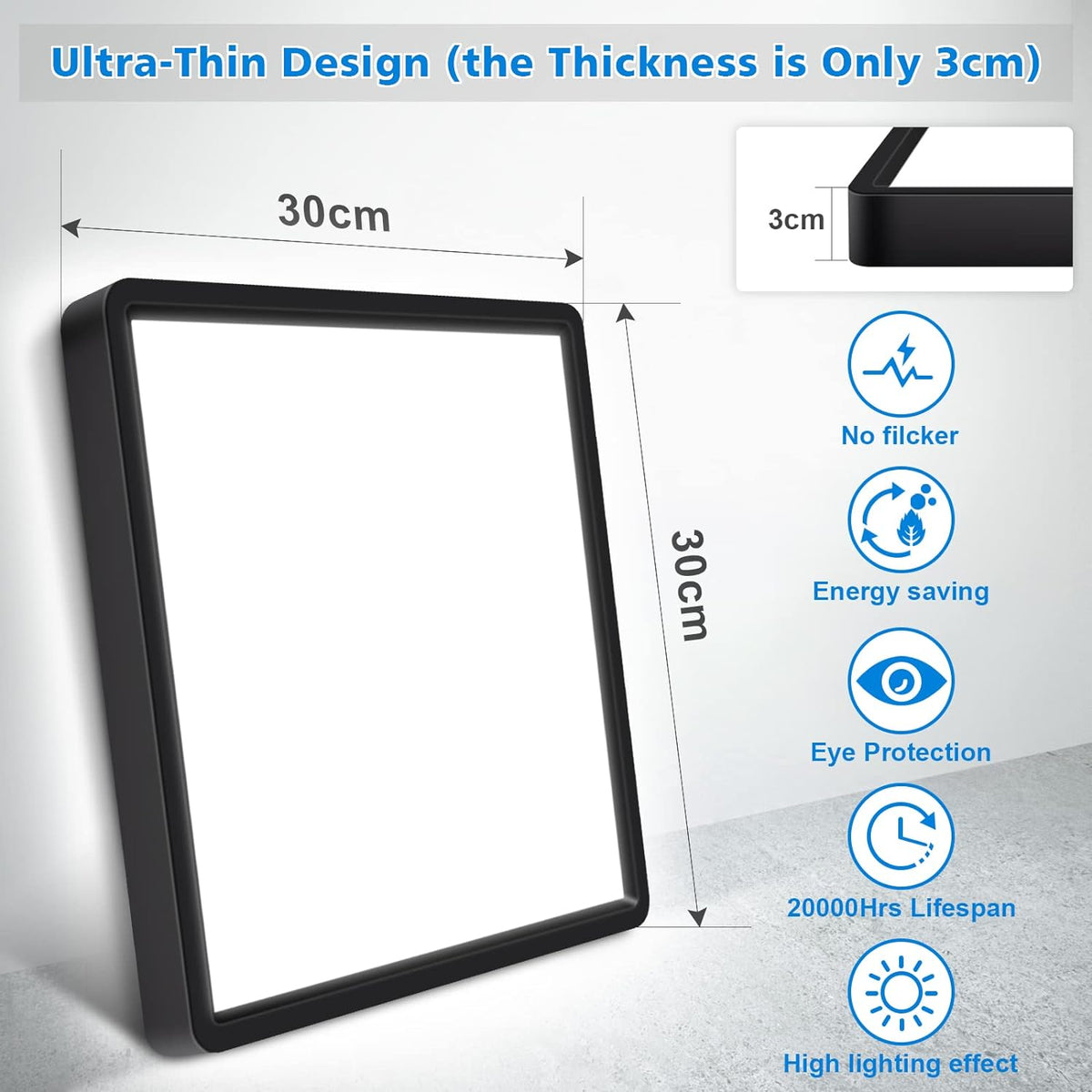 Defurhome LED Ceiling Light,24W 2200LM,150W Equivalent,5000K Daylight White,Waterproof IP54,Flush Square Modern Ceiling Light for Bathroom,Bedroom,Kitchen,Porch,Living Room,30cm(Black) [Energy Class F]