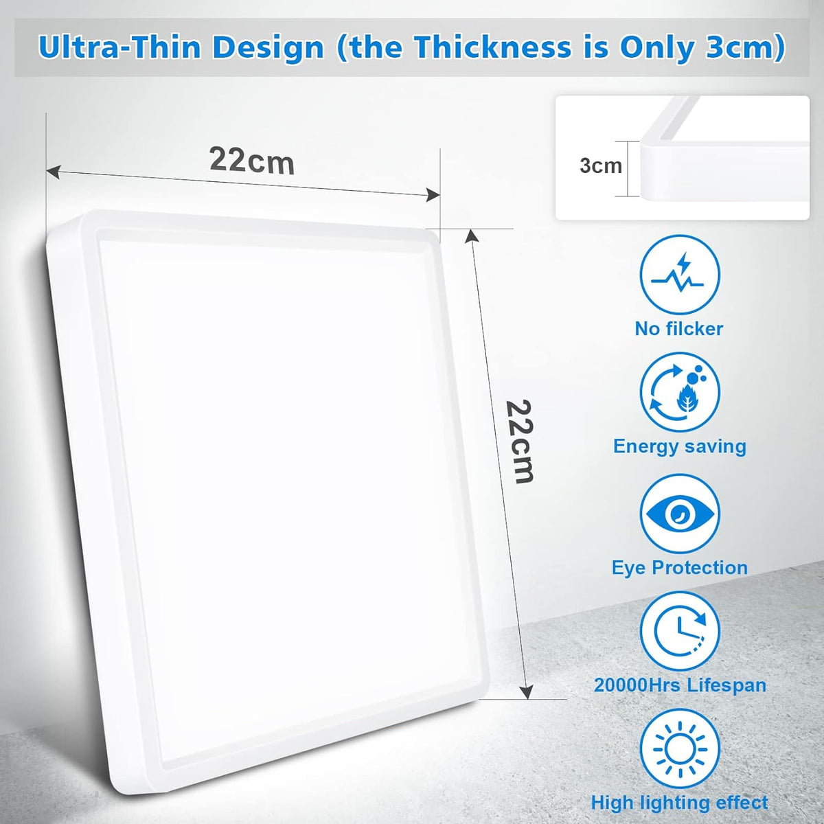 Defurhome LED Ceiling Light, 18W 1500LM,100W Equivalent,5000K Daylight White,Waterproof IP54, Flush Mount, Square,Ideal for Bathroom,Kitchen,Office,Toilet,Porch, Bedroom,Utility Room,22cm(White) [Energy Class F]