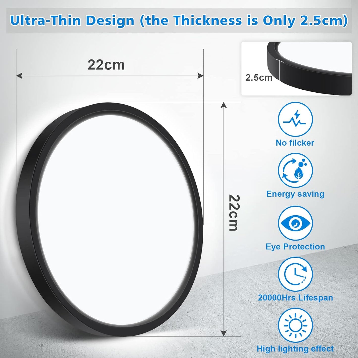Defurhome Bathroom Ceiling Light,18W 1500LM,100W Equivalent,5000K Daylight White,Waterproof IP54,Dome,Modern, Flush Ceiling Light for Kitchen,Bulkhead,Toilet,Porch,Bedroom,Utility Room,Ø22CM(Black) [Energy Class F]
