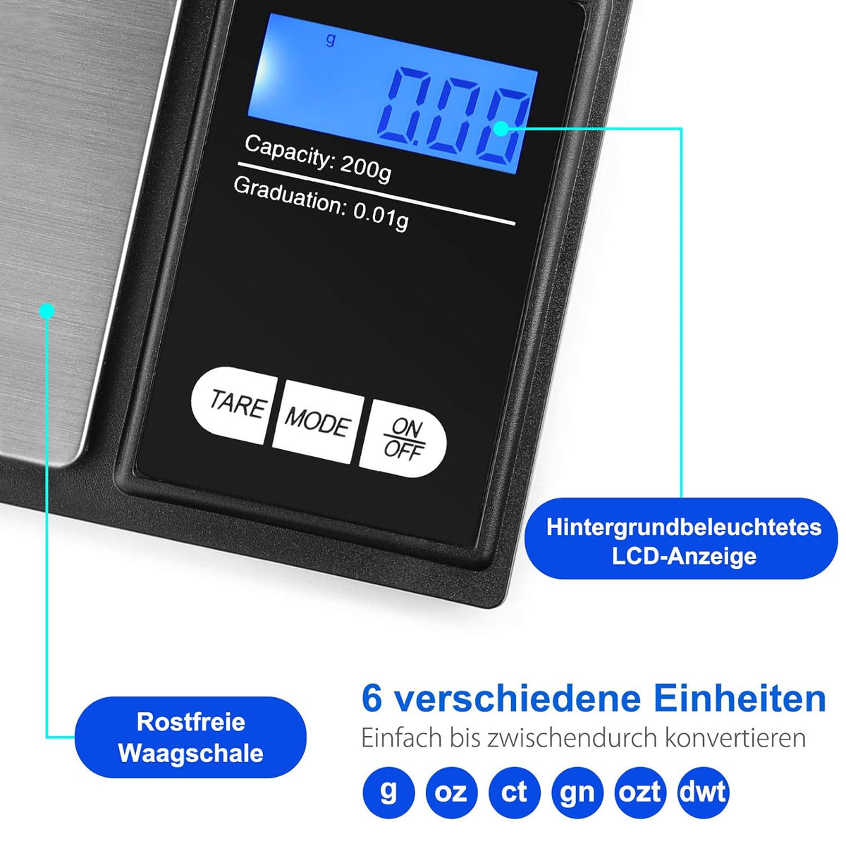 Defurhome 200g / 0,01g Taschenwaage, mit beleuchteter LCD-Anzeige Digitale Waage Feinwaage Digitalwaage/Goldwaage/Münzwaage