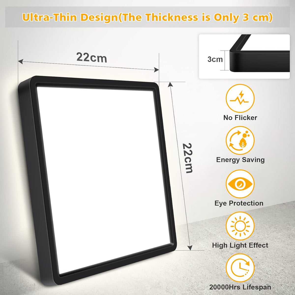 Defurhome LED Ceiling Light,18W 1500LM,100W Equivalent,Waterproof IP54,4000K Natural White, Modern Square Flush Mounted Lighting Fixture for Bathroom,Kitchen,Office,Hallway,Bedroom,22cm(Black) [Energy Class F]