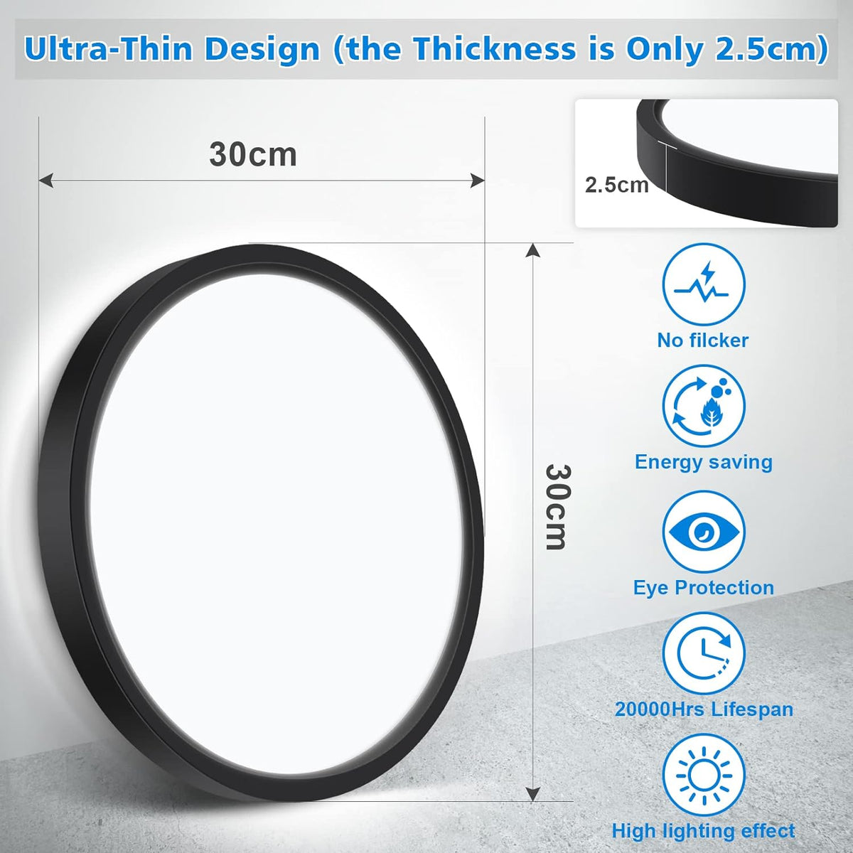Defurhome Bathroom Ceiling Light,24W 2200LM,150W Equivalent, 5000K Daylight White,Waterproof IP54,Dome Modern Flush Ceiling Light for,Kitchen,Porch,Bulkhead,Bedroom,Utility Room, Ø30CM(Black) [Energy Class F]