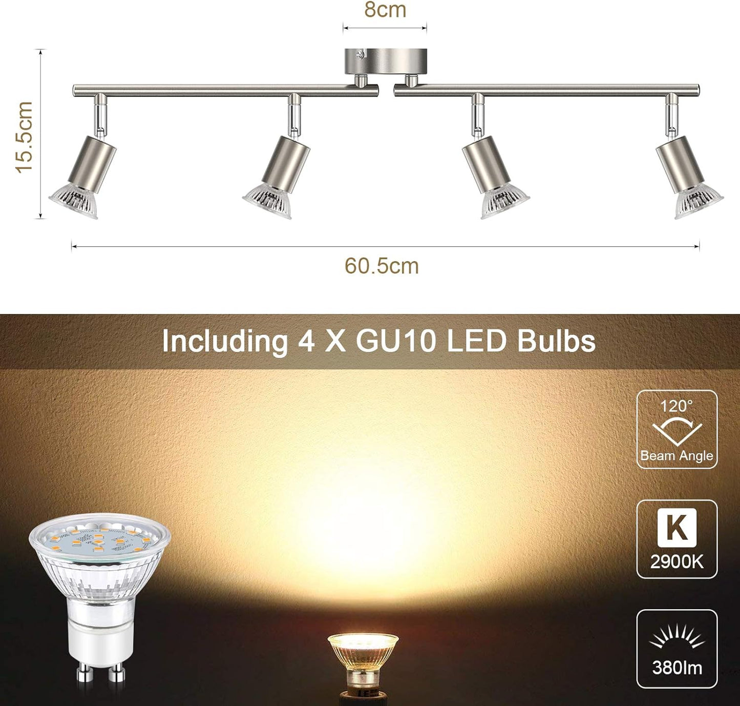 Defurhome LED Ceiling Light Rotatable, 4 Way Adjustable Modern Ceiling Spotlights(Matte Nickel) for Kitchen, Living Room, Bedroom,Including 4 x 4 W GU10 Led Bulbs(400LM, Warm White) [Energy Class E]