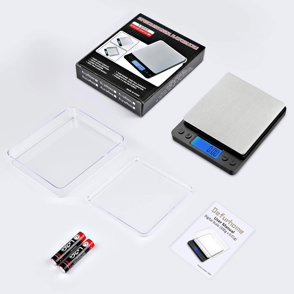 Defurhome Digital Pocket Scales, 500g / 0.01g Stainless Steel Jewelry Scales,Coin Scales,Kitchen Food Scales with Back-Lit LCD Display, PCS and Tare Function, (Batteries Included)