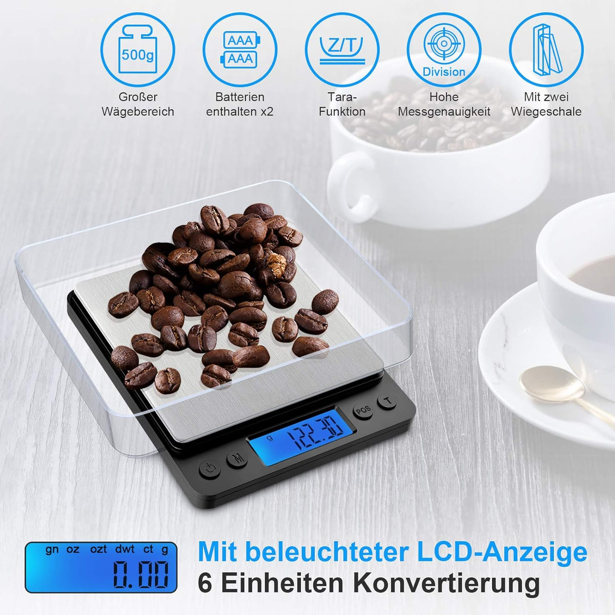 Defurhome Feinwaage 0.01g, Digitalwaage 500g/0.01g Taschenwaage, mit beleuchteter LCD-Anzeige, PCS Funktion,Tara-Funktion,6 Einheiten Konvertierung,TaschenwaageGoldwaage Münzwaage Küchenwaagen