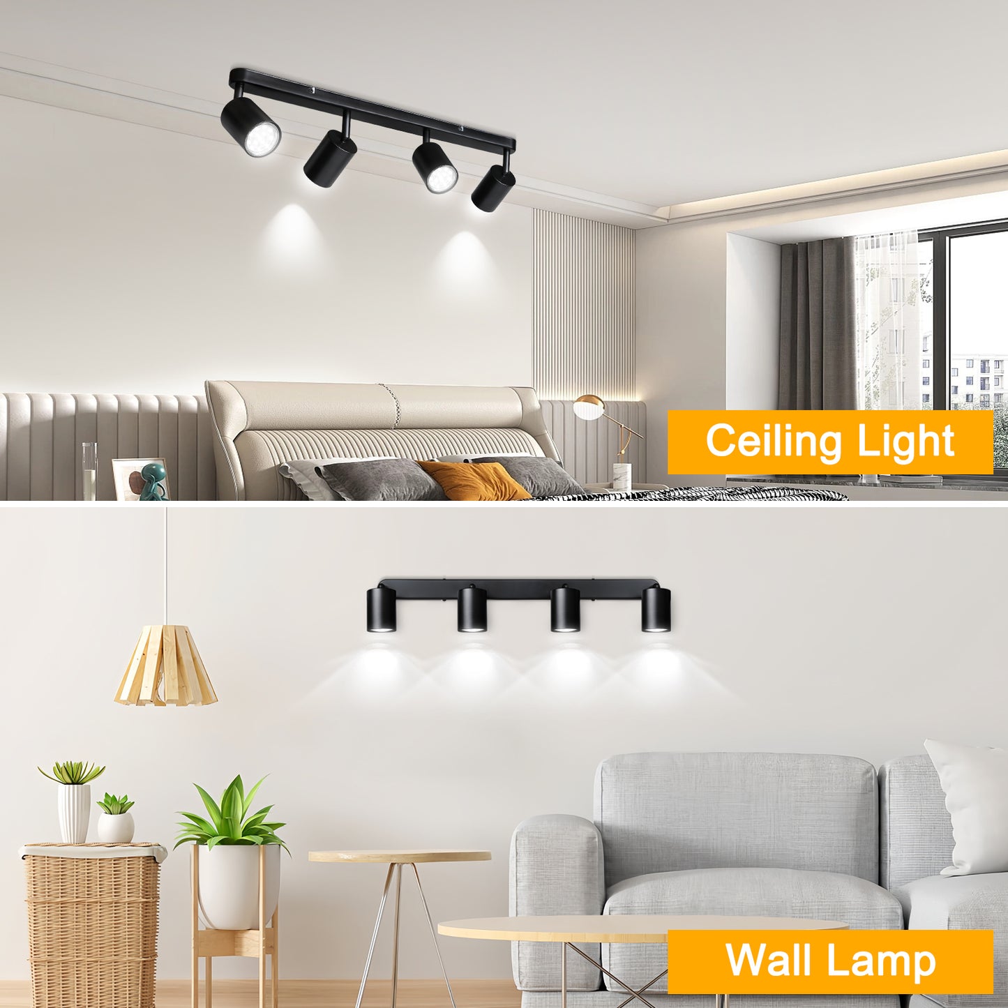 Defurhome 4 Way Spotlight Ceiling Lights, Modern Kitchen Ceiling Lamps Fittings Black, Industrial Ceiling Spots Wall Lights, Adjustable GU10 Spotlights for Bedroom Living Room,Bulbs Not Included