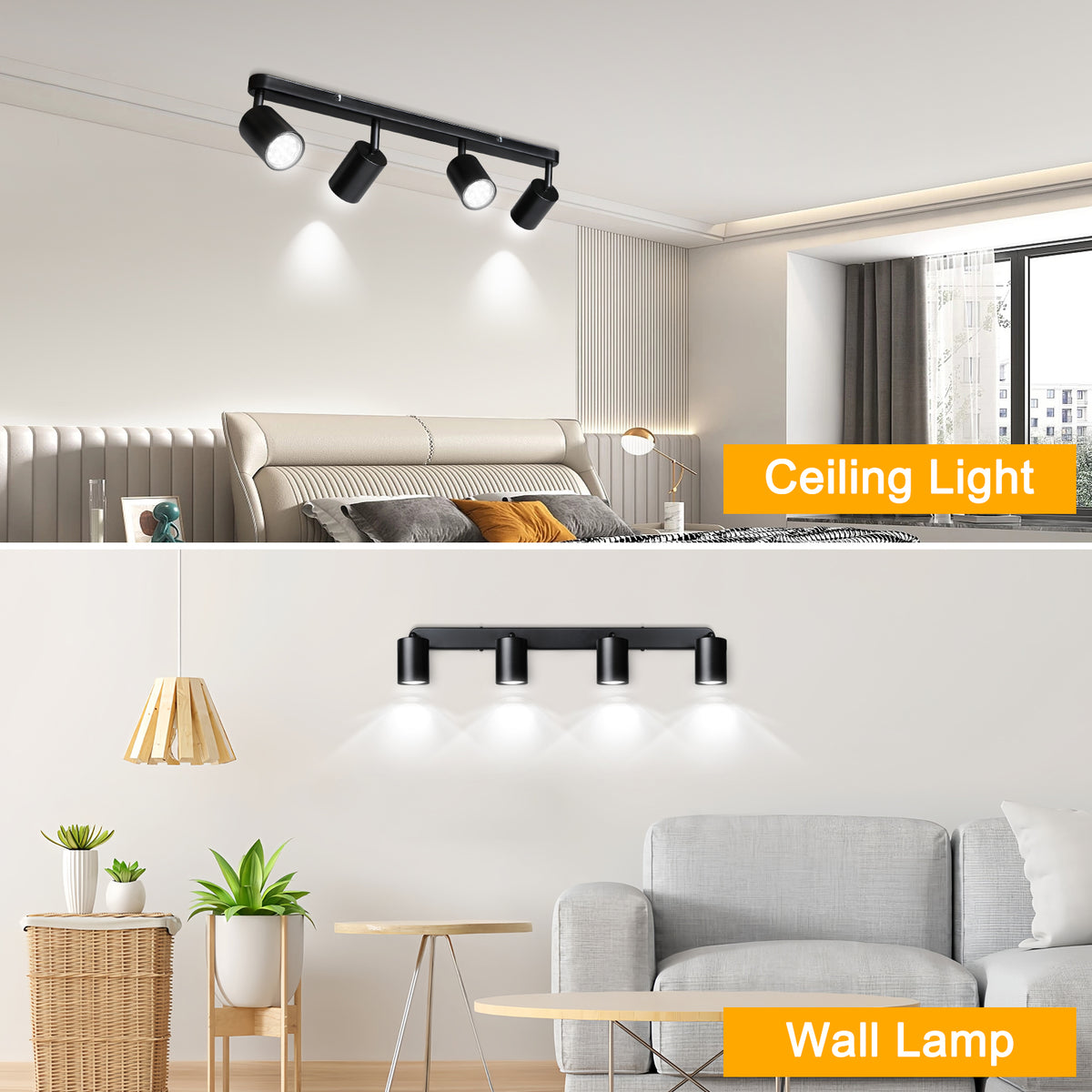 Defurhome 4 Way Spotlight Ceiling Lights, Modern Kitchen Ceiling Lamps Fittings Black, Industrial Ceiling Spots Wall Lights, Adjustable GU10 Spotlights for Bedroom Living Room,Bulbs Not Included