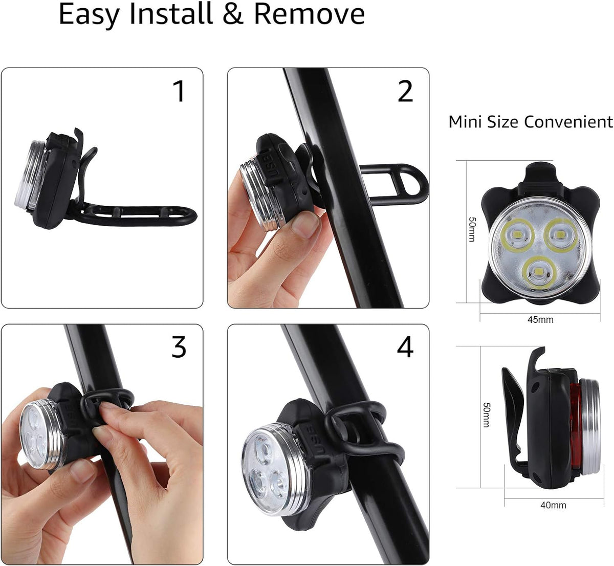 Defurhome Bike Light Set, Super Bright USB Rechargeable Bicycle Lights, 4 Brightness Modes Options Cycling Front Light & Rear Light, Waterproof Mountain Road Bike Lights(2 Cables, 4 Straps)